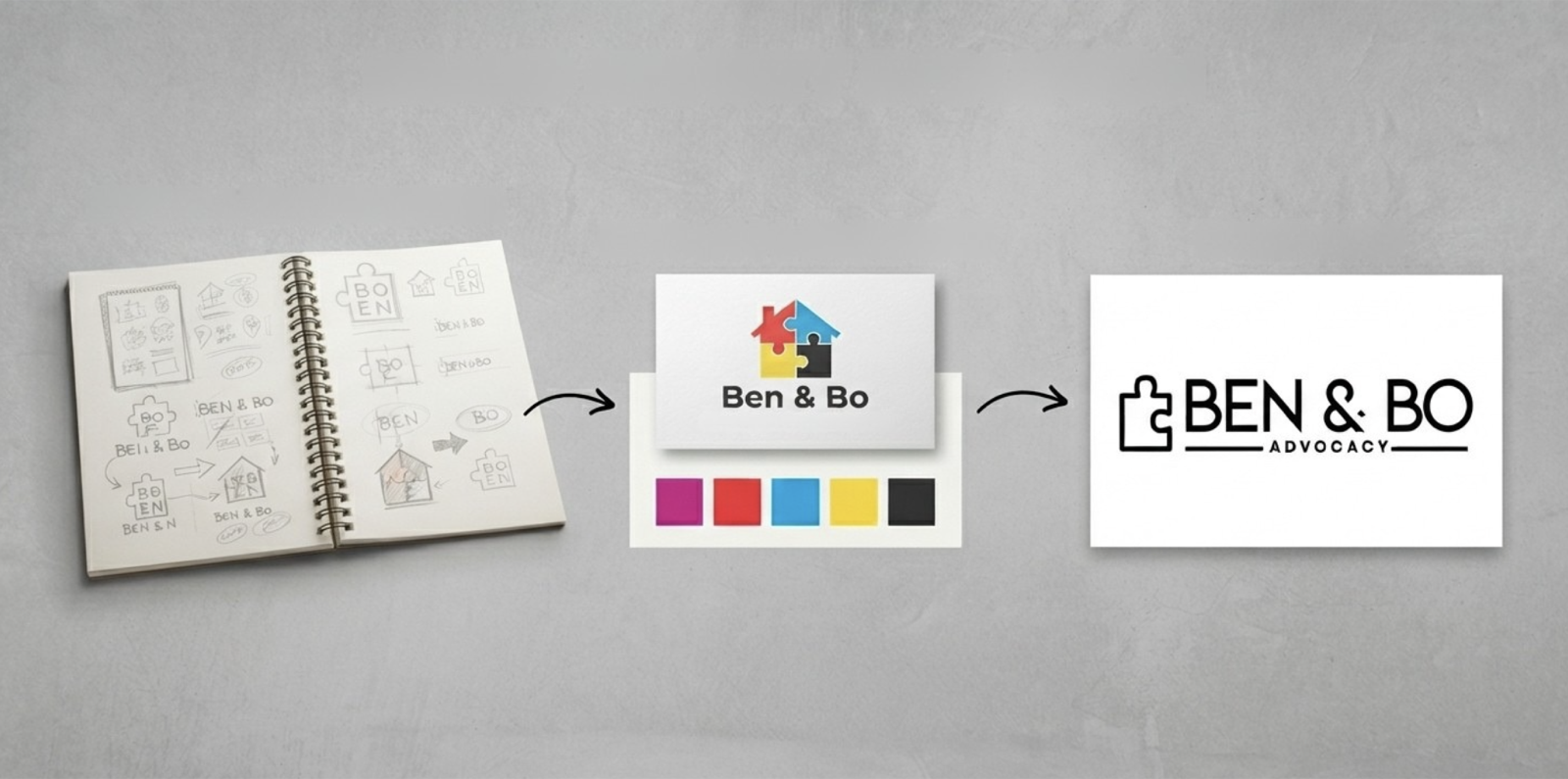 The evolution of a logo, from sketch to color exploration to the final Ben & Bo mark