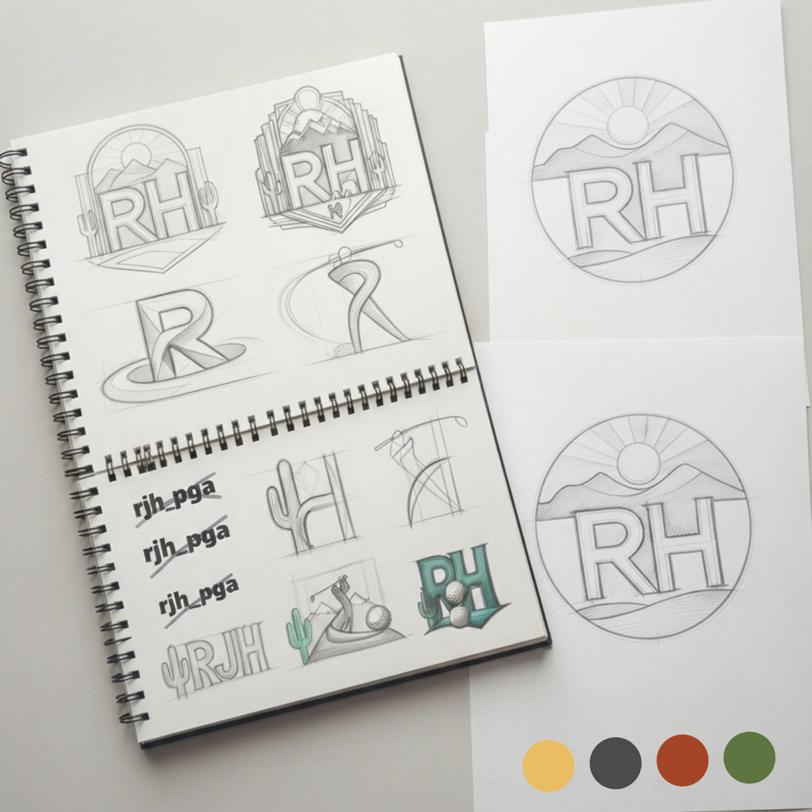 Hand-drawn logo sketches and early color swatches